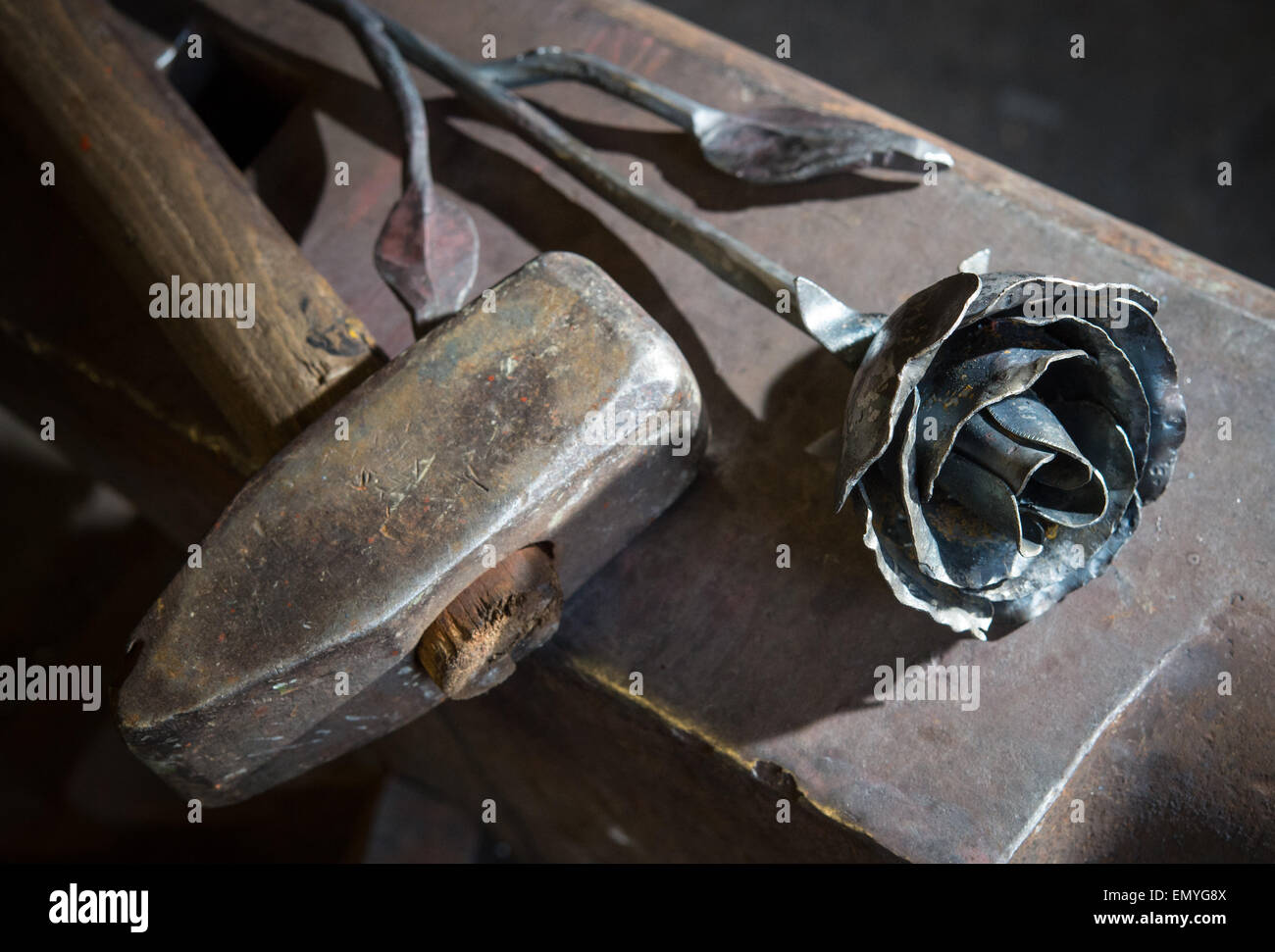 An iron rose is on display at the of artist blacksmith Arno