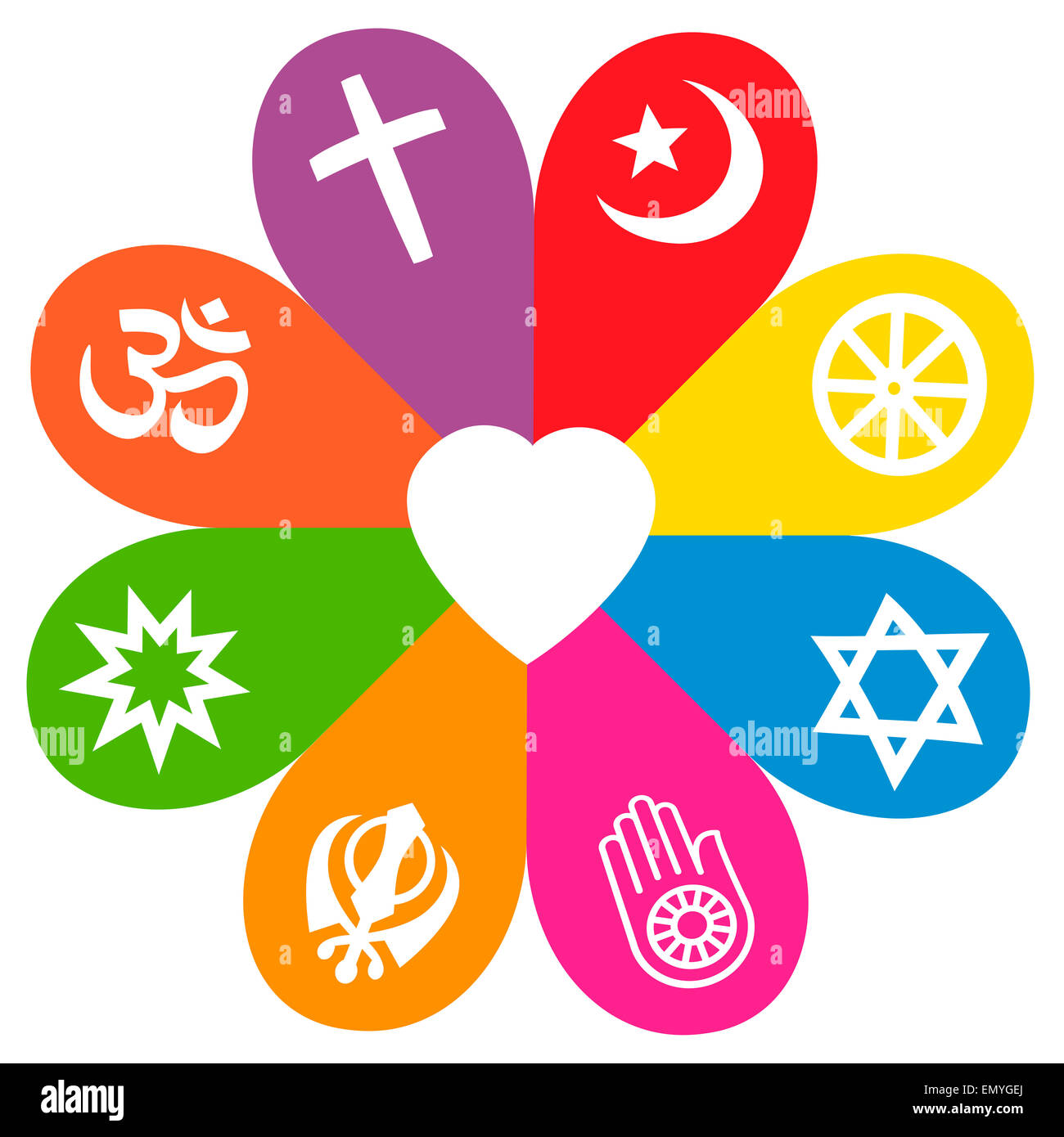 Religious signs on colored petals assembling around a heart as a symbol for colorful religious individuality or faith. Stock Photo