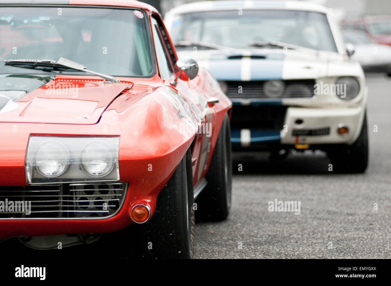 Image showing two classic American cars parked one behind the other. Stock Photo