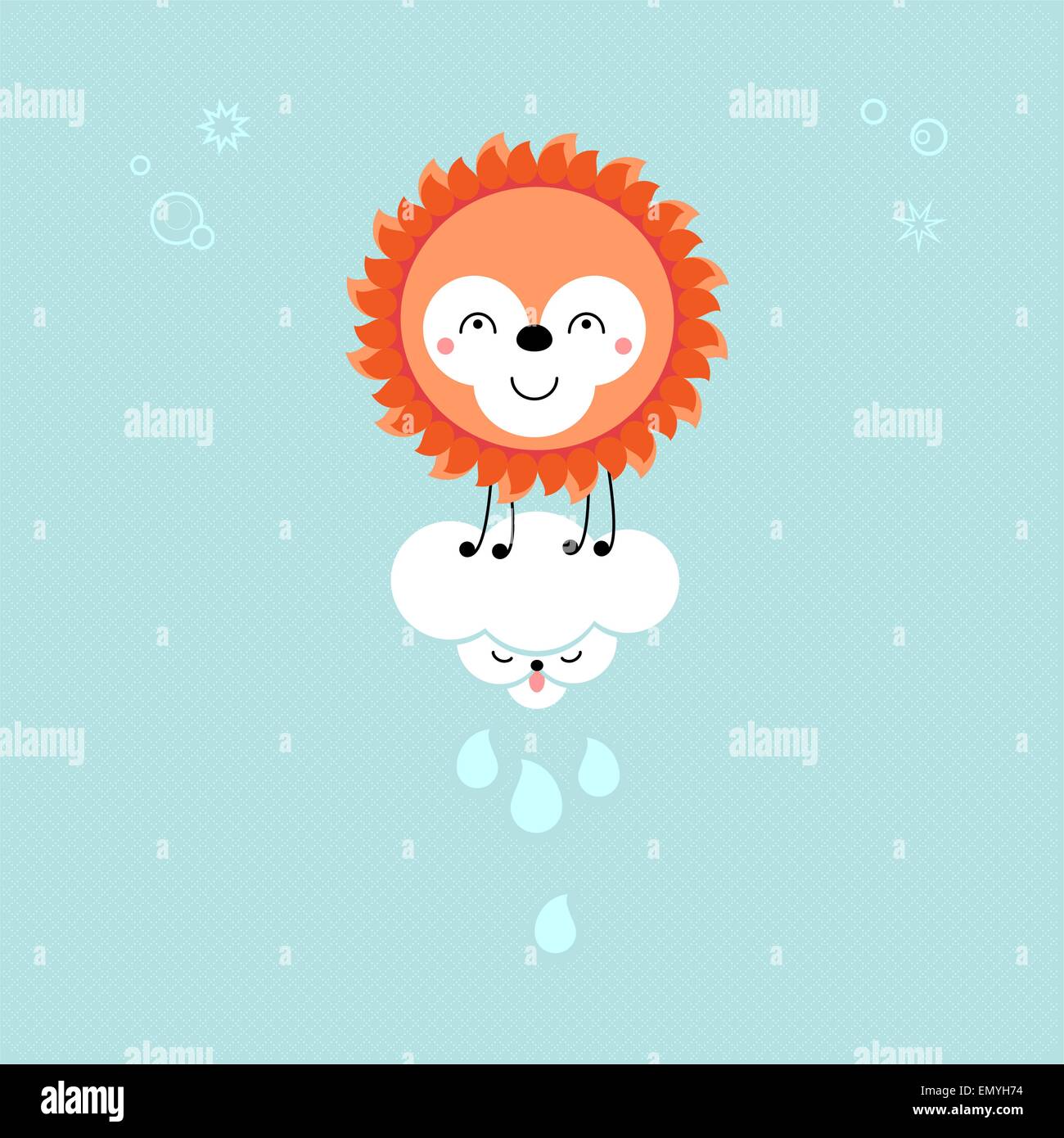 Sun and Cloud in the sky. Cute kawaii animalistic cartoon characters Stock Vector
