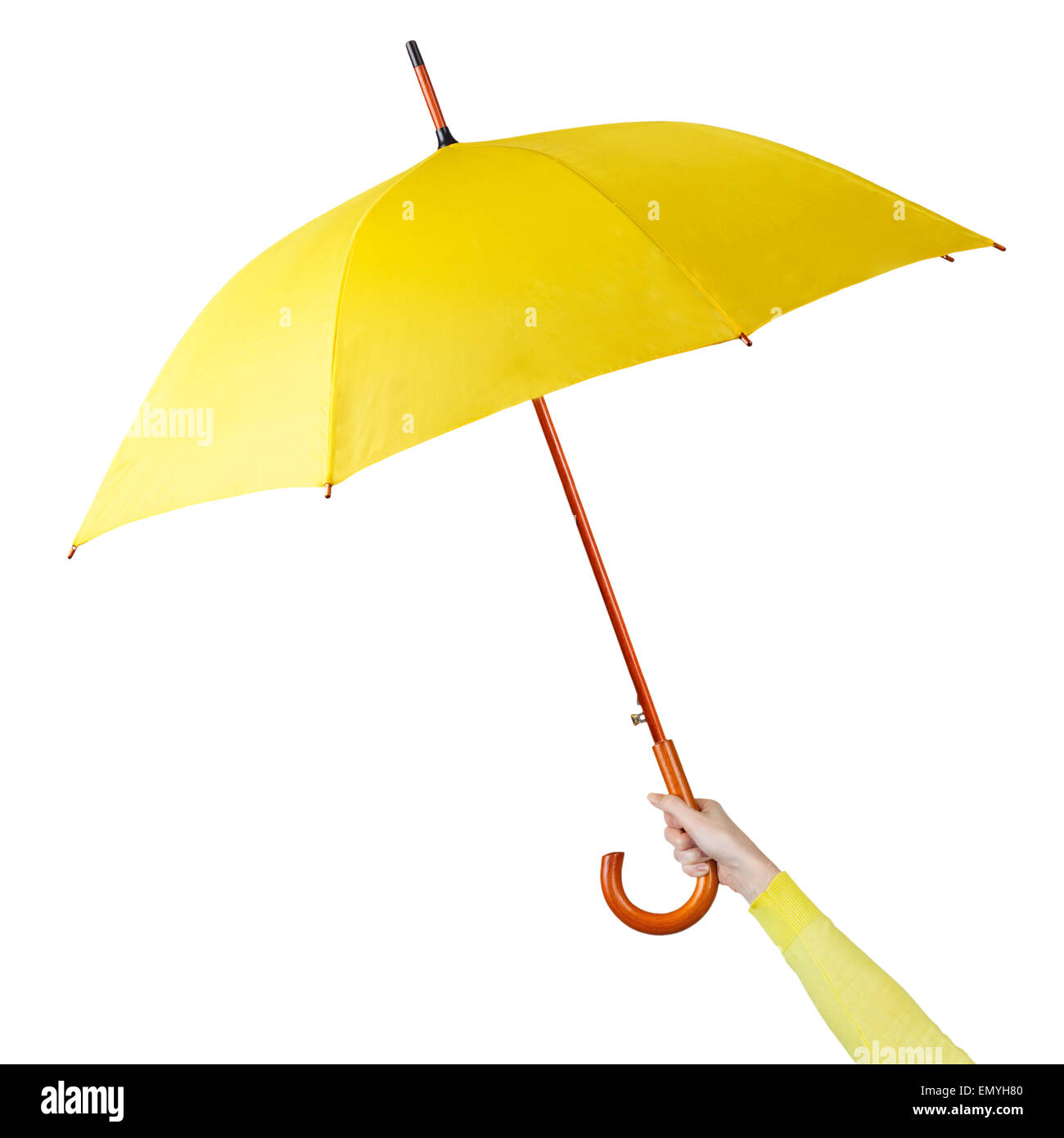 Hand holding a yellow umbrella isolated on white background Stock Photo