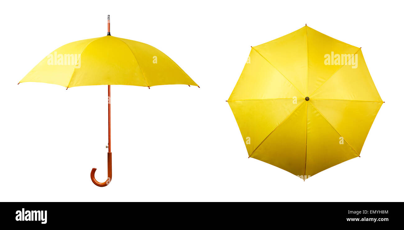 Set of yellow umbrellas isolated on white background Stock Photo