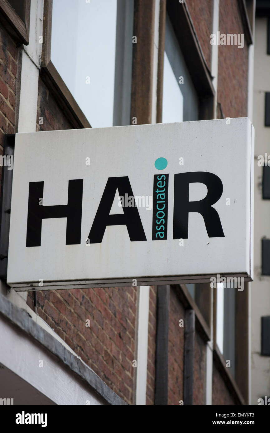 hanging sign for hair associates, a hair salon in kingston upon thames, surrey, england Stock Photo