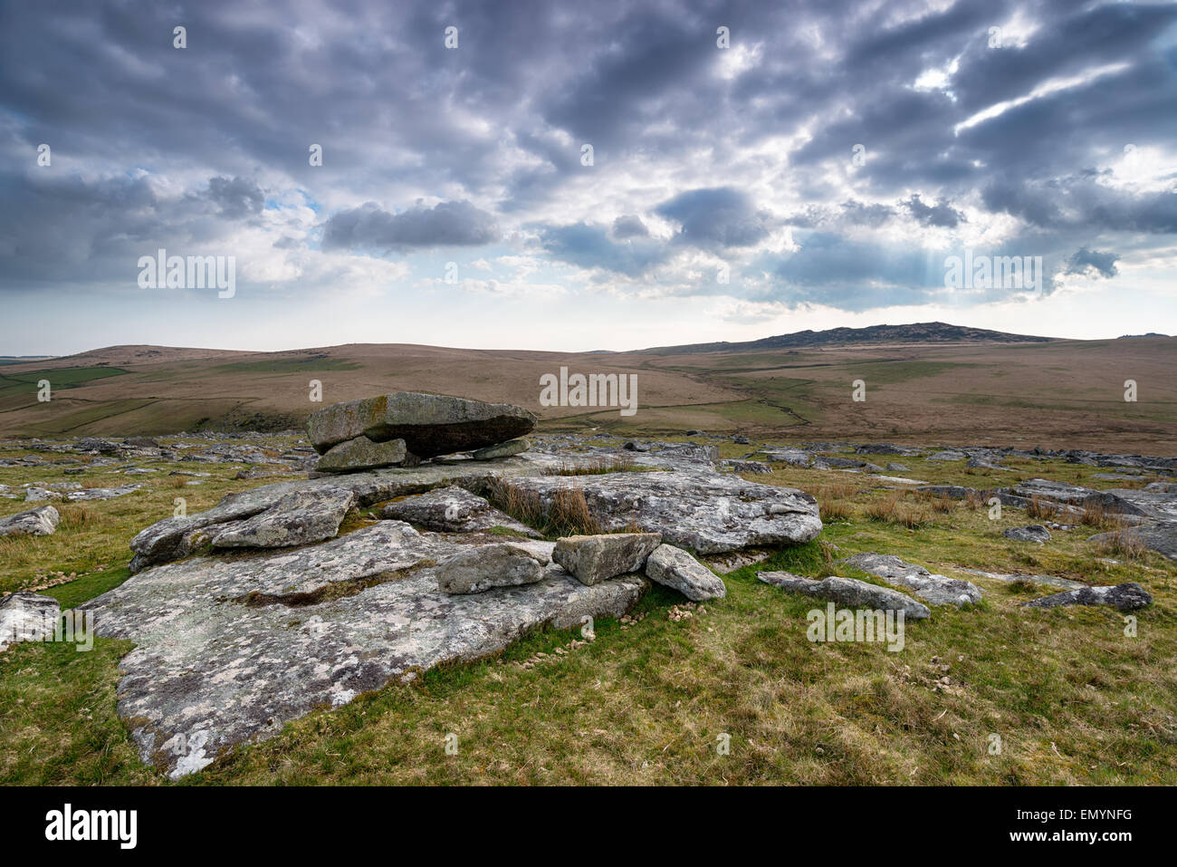 Granite slabs on Leskernick Hill on Bodmin Moor in Cornwall, looking