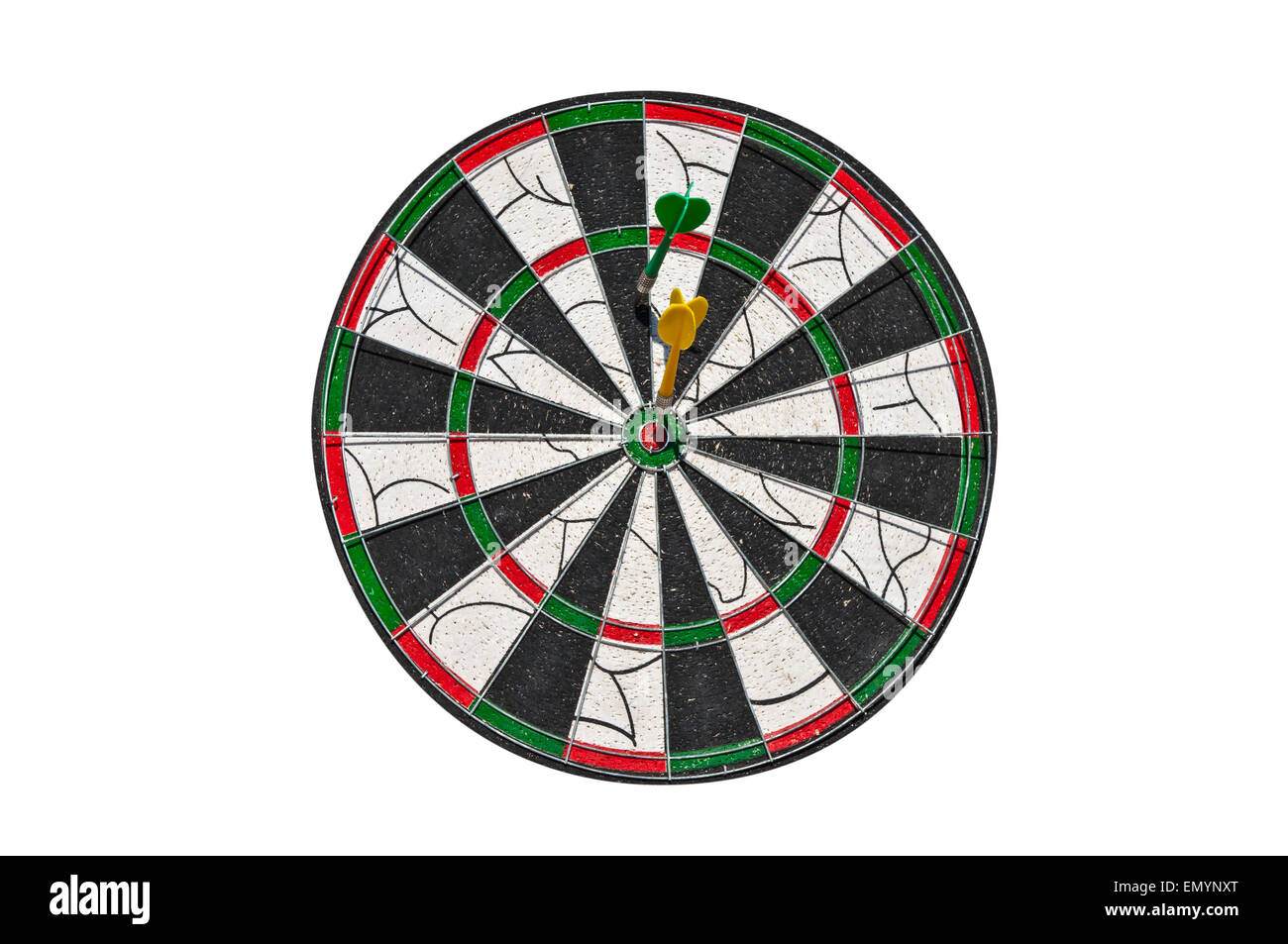 Two darts on a dartboard. One in the center, second the other off center. Isolated on white background. Stock Photo