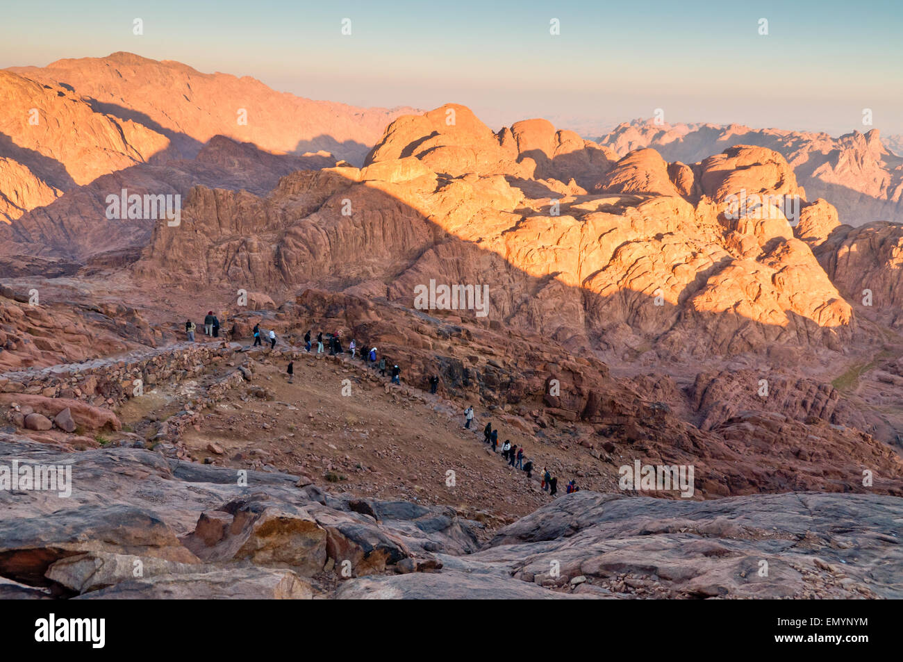 Pilgrims and tourists on the pathway from the Mount Sinai peak Stock Photo