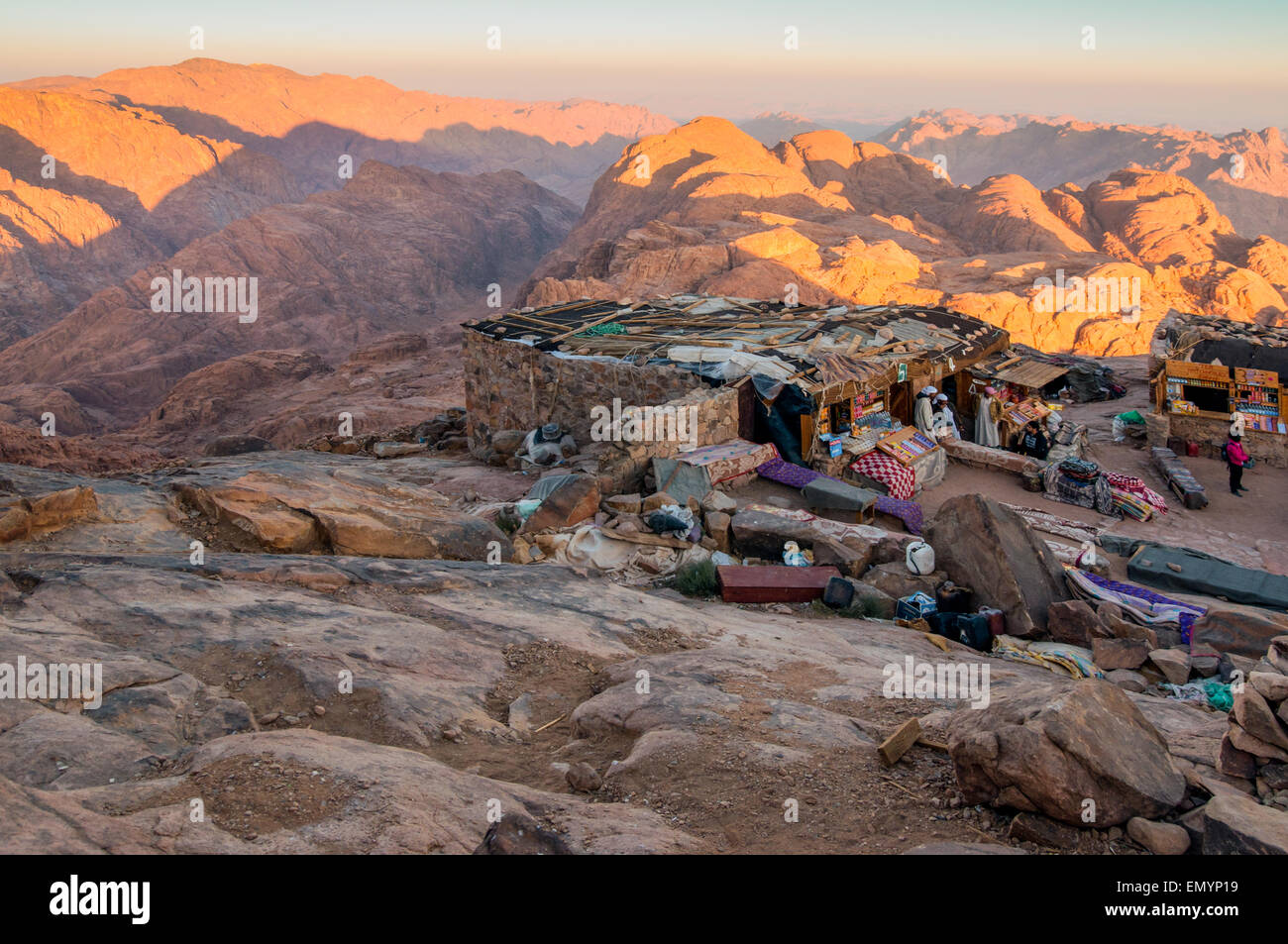 Arab Bedouin Shops on Mount Sinai in early morning Stock Photo