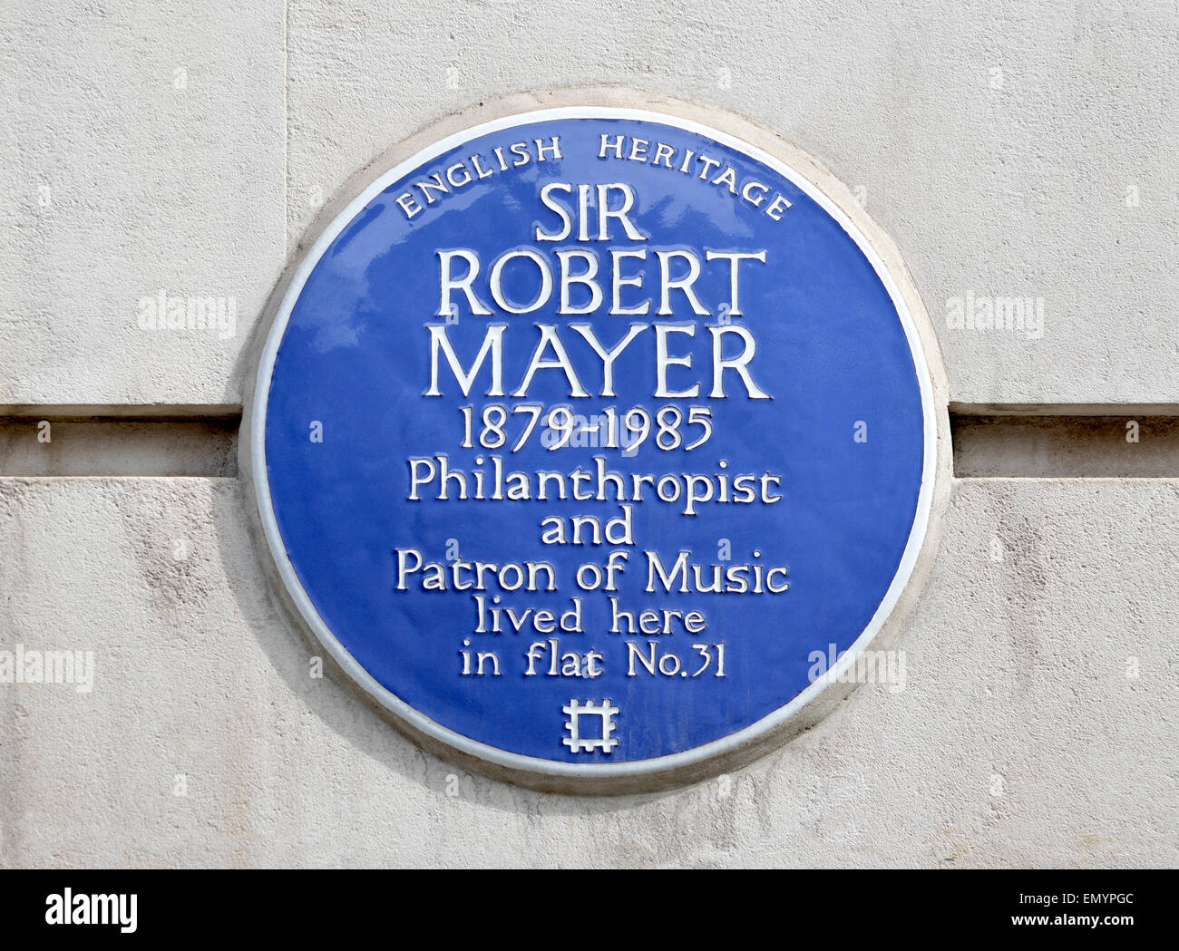 London, England, UK. Commemorative Blue Plaque: 'Sir Robert Mayer 1879-1985 philanthropist and patron of music...' Stock Photo