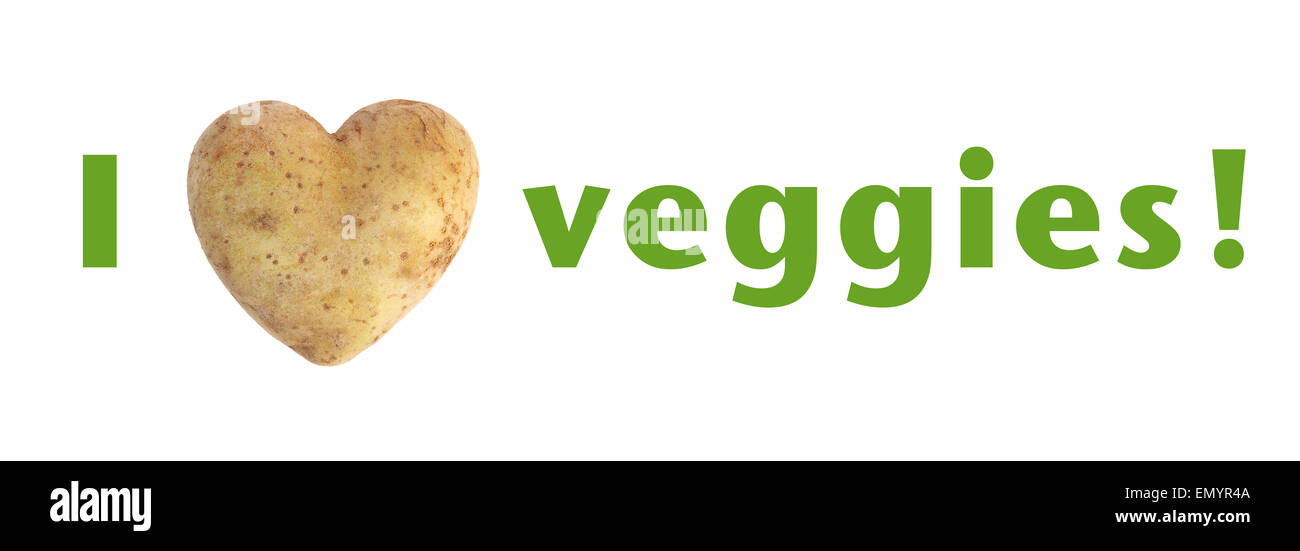 'I love (heart) veggies' heart shaped potato spud Stock Photo