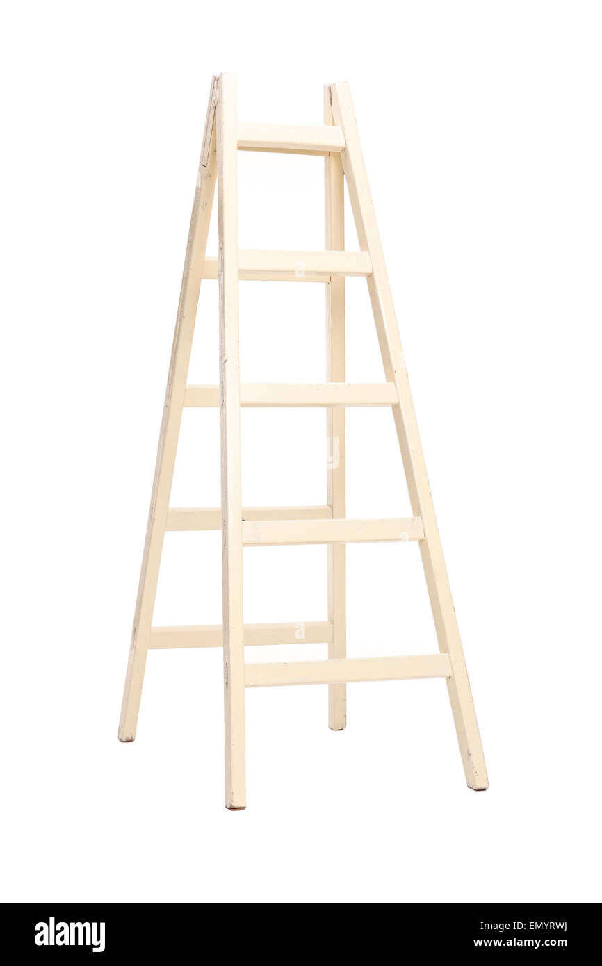 Vertical studio shot of a wooden ladder isolated on white background