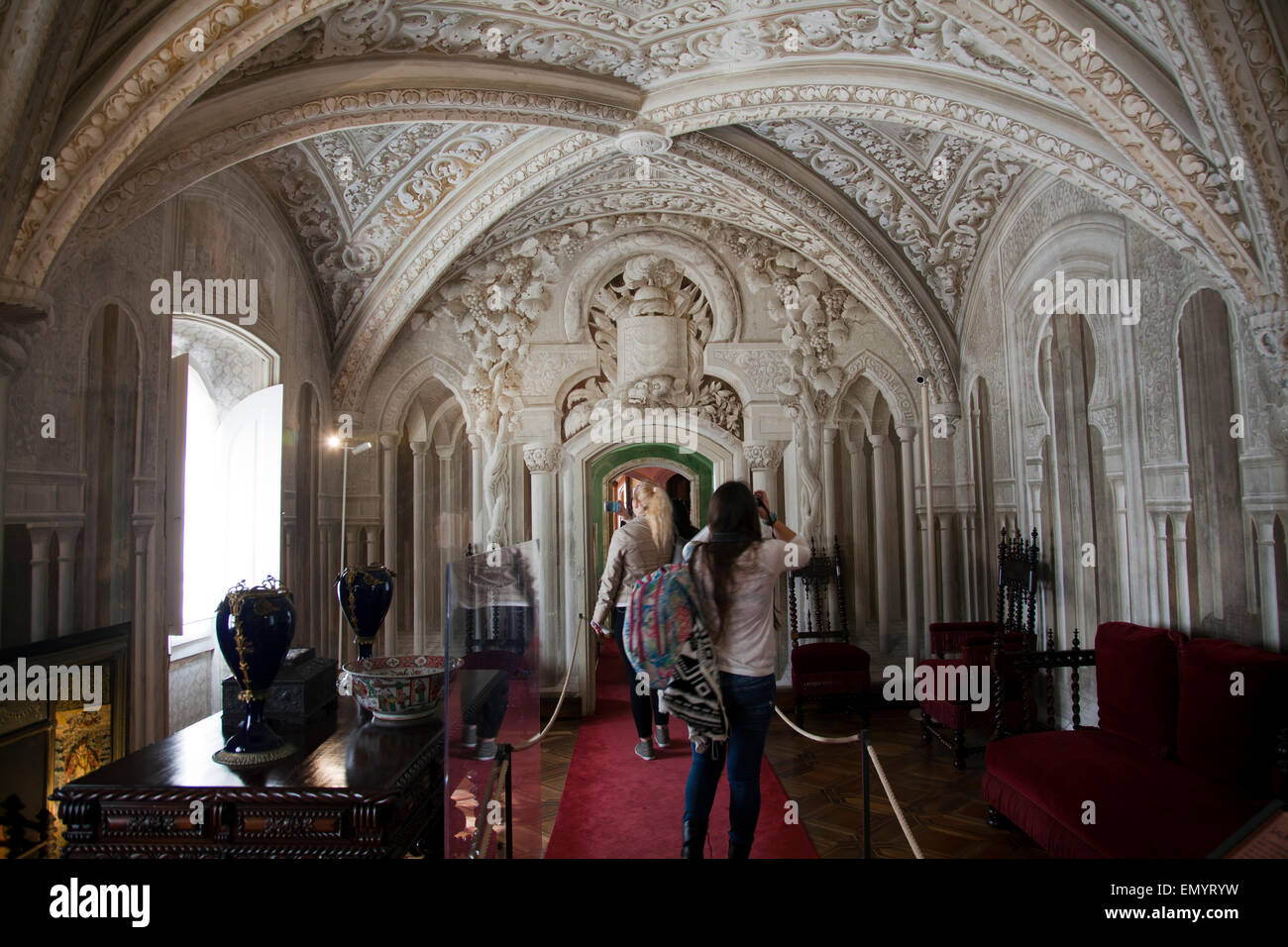 Palácio da Pena Trompe l'oeil Room with Visitors -   Sintra, Portugal Stock Photo