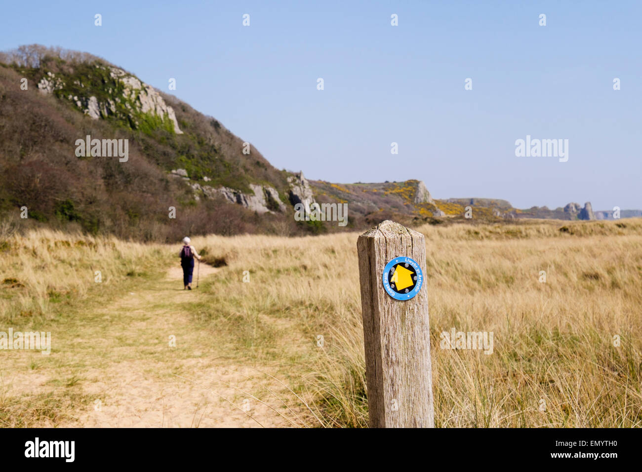 Wales Coast Path sign with a walker in Oxwich National Nature Reserve on Gower Peninsula Nicholaston Swansea Wales UK Britain Stock Photo