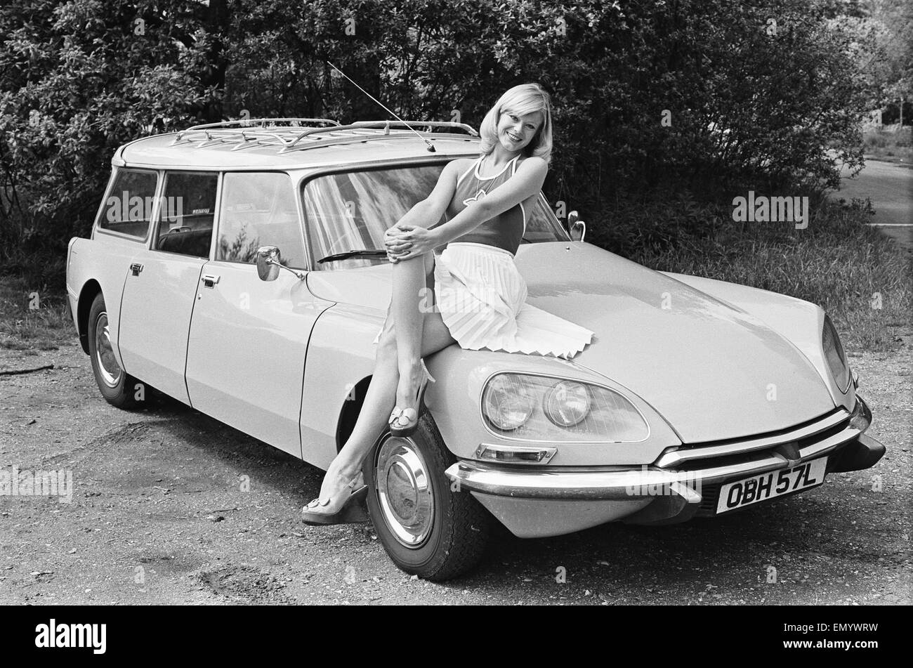 Reveille model Jan Burdette seen here posing with a Citroen DS car which is a top prize in the Reveille win a car competition circa 1972 Stock Photo