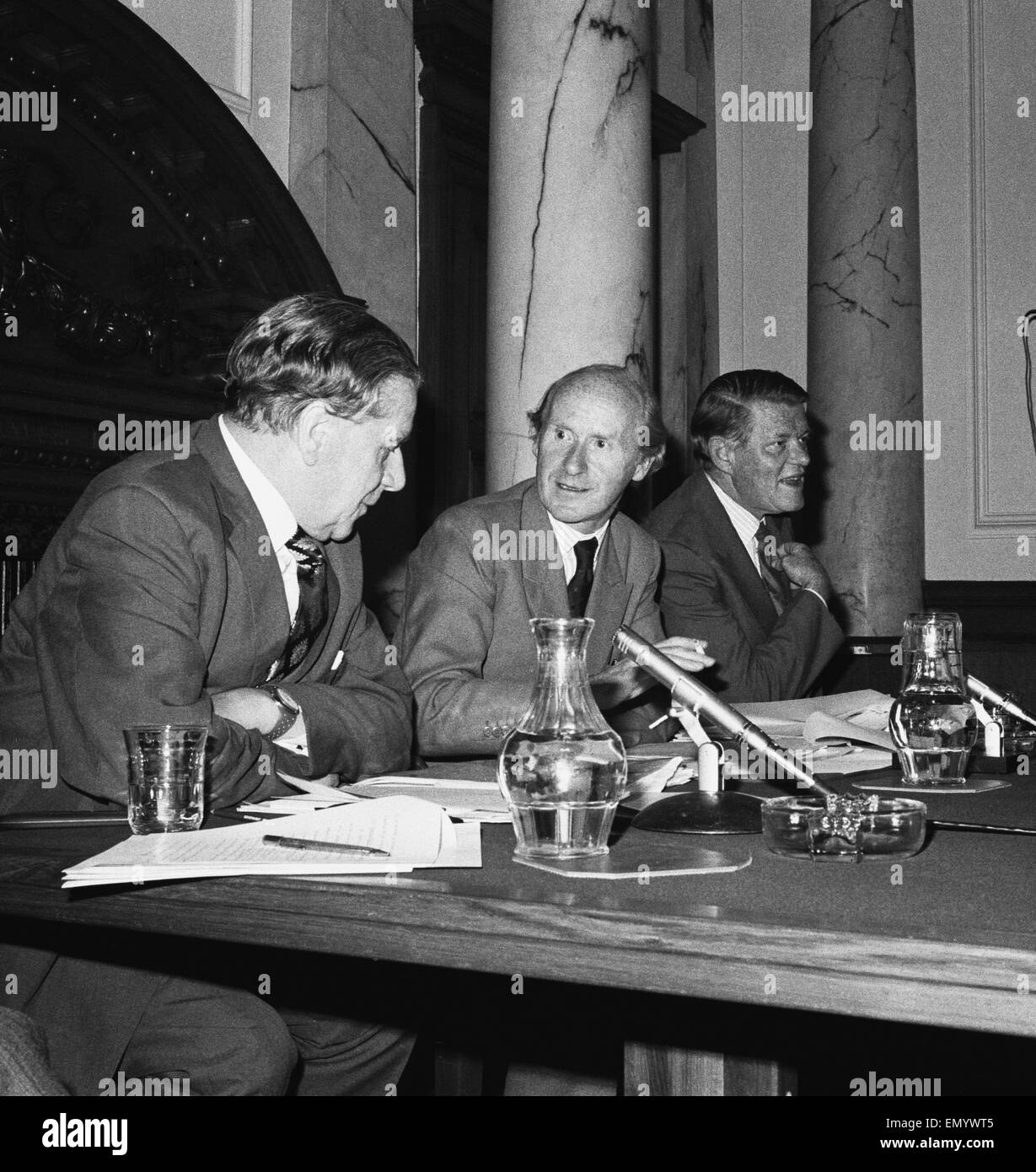 Chancellor of the Exchequer Anthony Barber with General Secratary of the TUC Vic Fether, during a press conference at the Treasury in Whitehall. Sitting on the right is Press Secretary to the Treasury Ronald Hayles. 23rd August 1973. Stock Photo