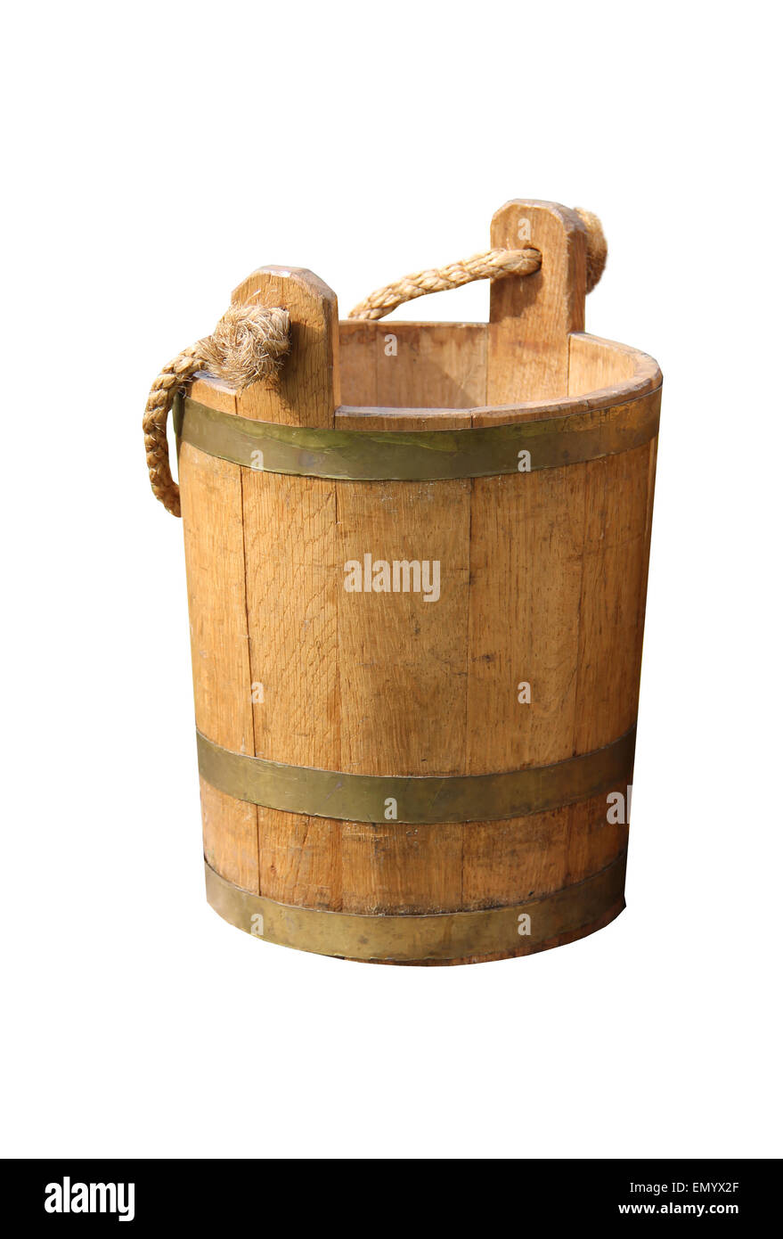 A Wooden Bucket with a Thick Rope Handle. Stock Photo