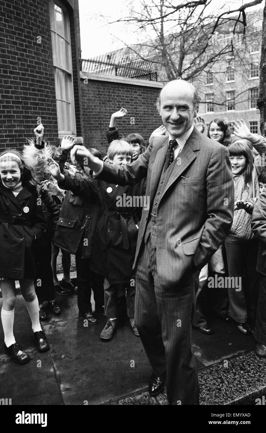 Chancellor of the Exchequer Anthony Barber goes for a short walk into the Minister's Courtyard prior to leaving number 11 Downing Street for the House of Commons to deliver his budget speech. Here he is pictured with children of Aylburton School in Glouce Stock Photo