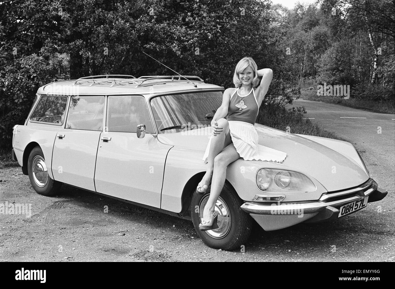 Reveille model Jan Burdette seen here posing with a Citroen DS car which is a top prize in the Reveille win a car competition circa 1972 Stock Photo