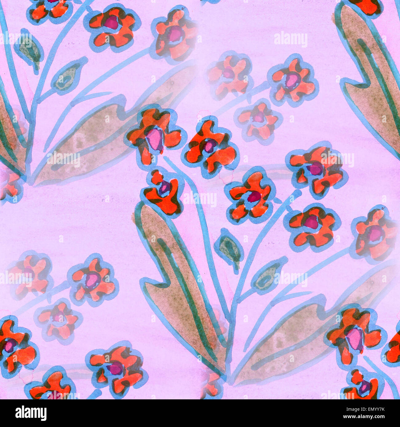 seamless texture orange, green leaves watercolor flowers wallpaper