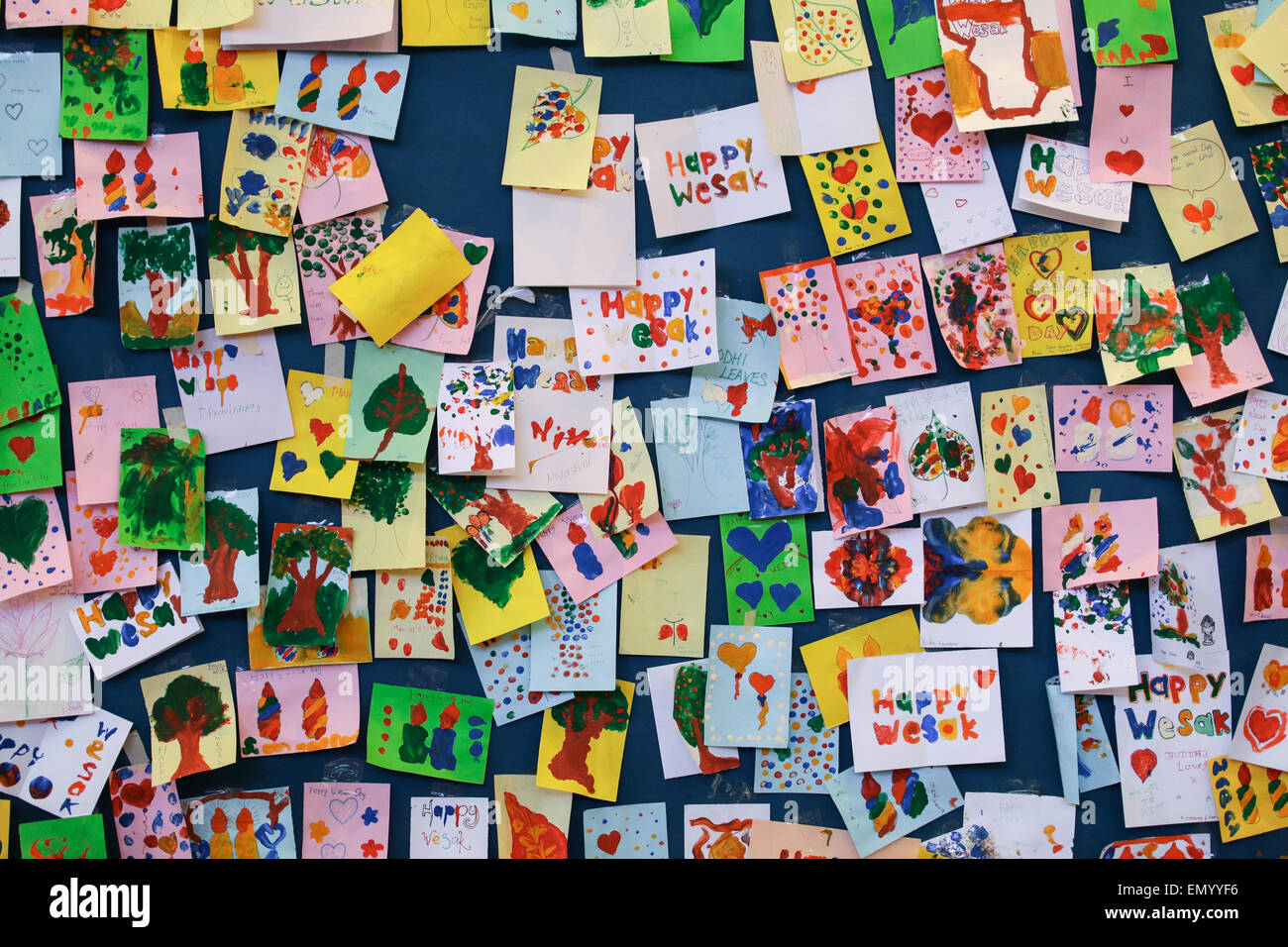 Board full of wesak day wishes made by children at the Buddhist Maha Vihara Temple during Vesak day at Kuala Lumpur Malaysia. Stock Photo