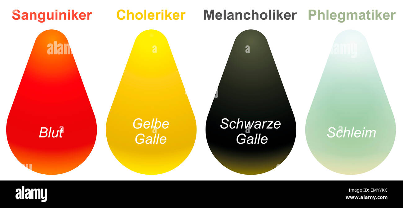 Sanguine, choleric, melancholic, phlegmatic - the four temperaments - plus the humors or bodily liquids - GERMAN LABELING! Stock Photo