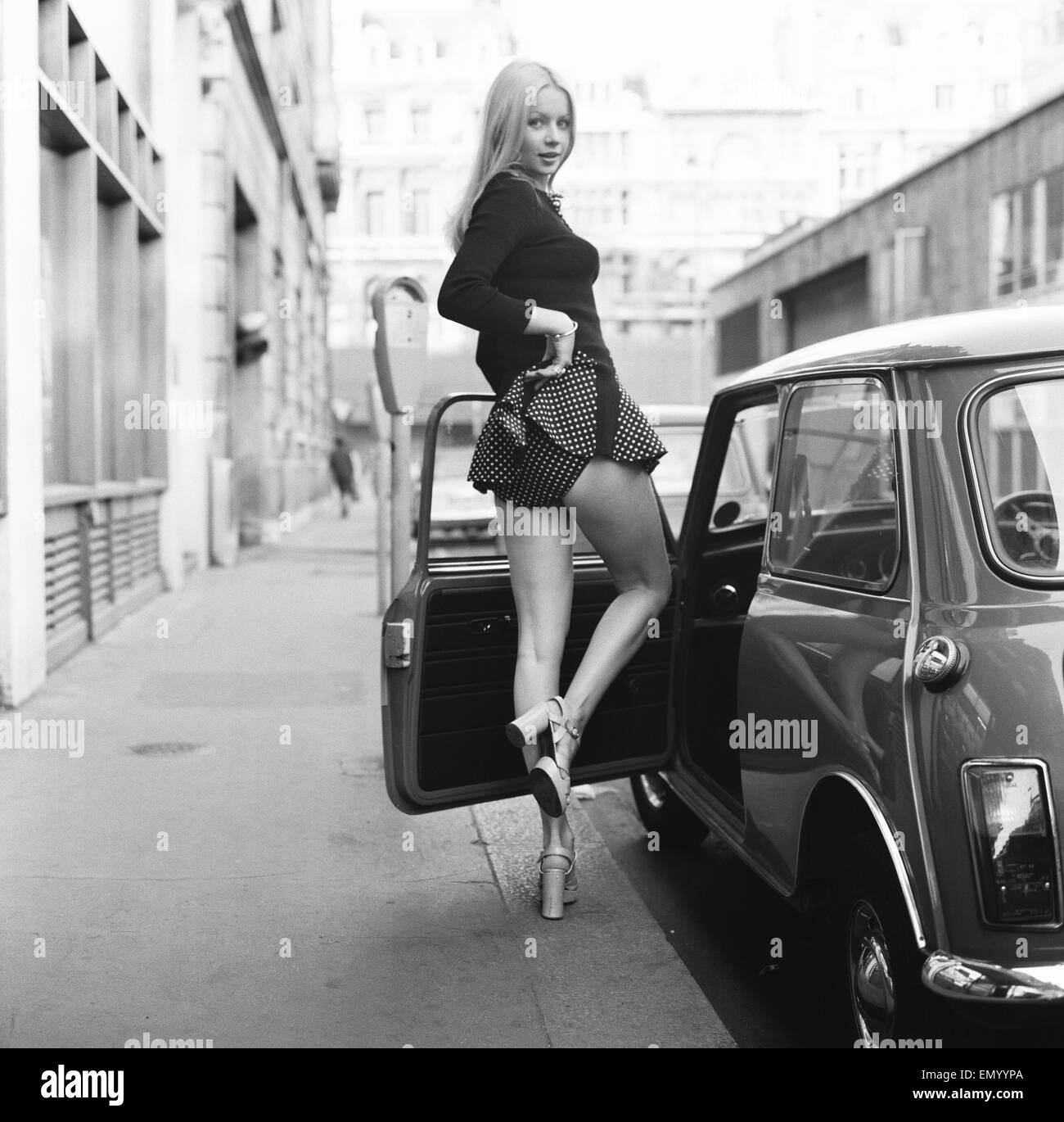 Jenny Clare seen here posing with her Leyland Mini 6th October 1972