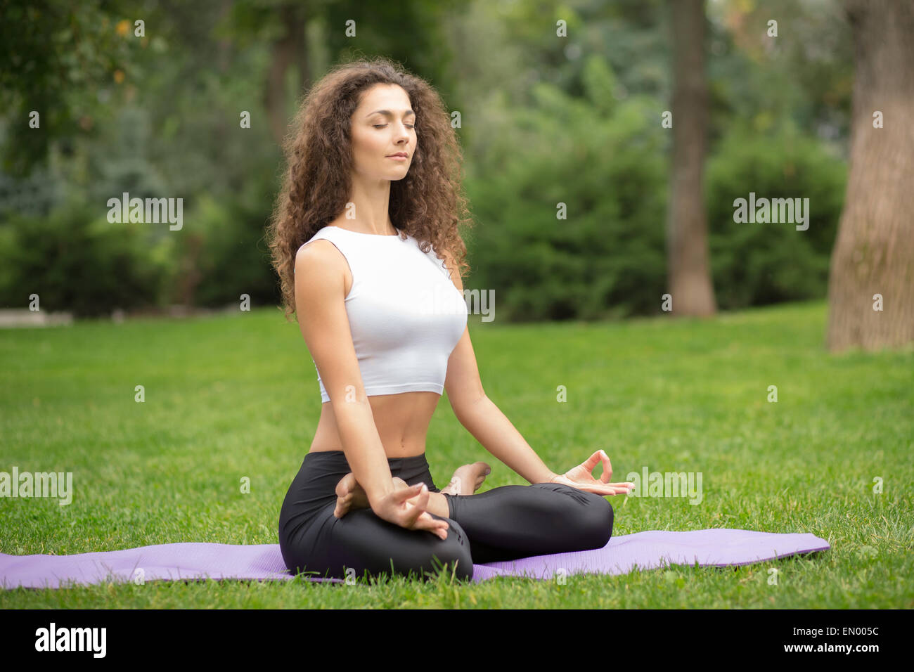 Pretty woman doing yoga meditation in the lotus position Stock Photo ...