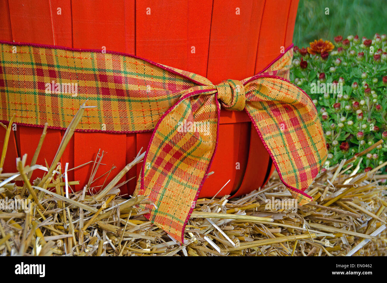 Close up of a plaid bow decorating an orange bushel basket on hay bale. Stock Photo