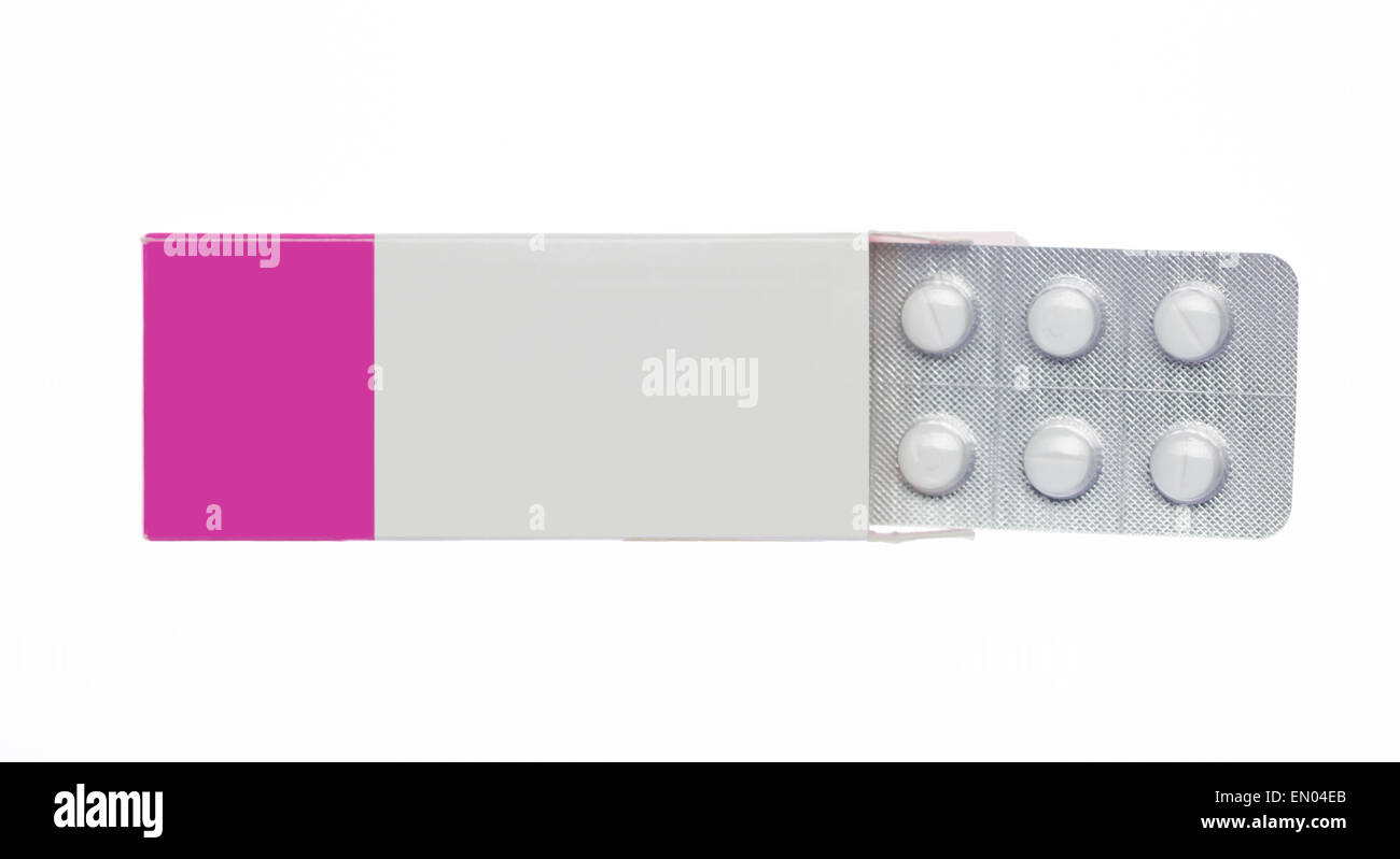 Grey-pink box with white pills blister pack on an isolated background Stock Photo