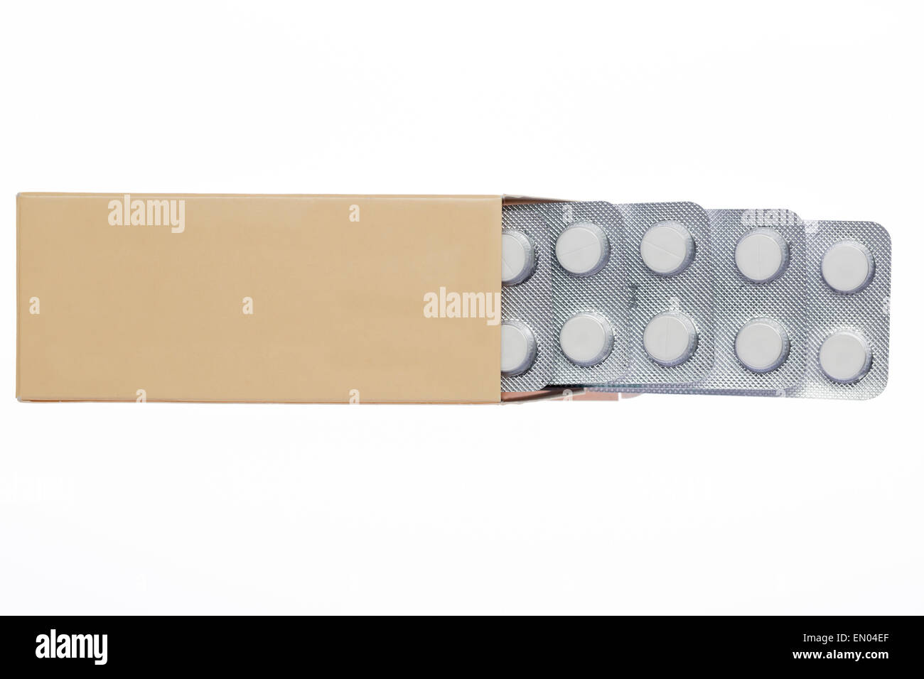 Grey box with white pills blister pack on an isolated background Stock Photo