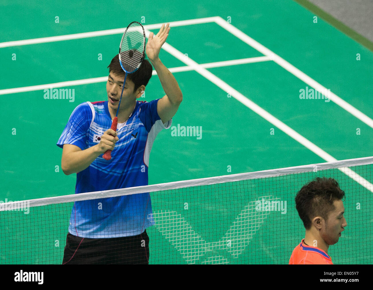 Wuhan, China. 24th Apr, 2015. The Badminton Asia Championships 2015 in Wuhan Sports Center Gymnasium in central China's Hubei province on April 24, 2015. Lee Yong Dae  (left) of South Korea Credit:  Panda Eye/Alamy Live News Stock Photo
