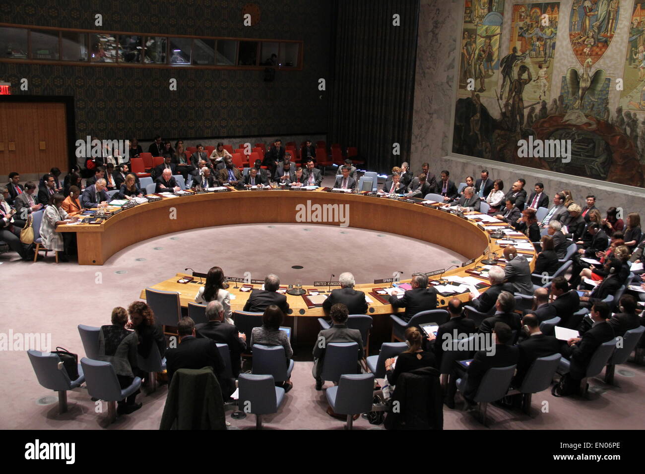 New York, USA. 24th Apr, 2015. The Photo taken on April 24, 2015 shows the general view of the Security Council meeting in New York, the United States, on April 24, 2015. Angelina Jolie Pitt, special envoy of the United Nations High Commissioner for Refugees, on Friday highlighted the need to help the Syrian refugees and provide them legal avenues to safety. © Shi Xiaomeng/Xinhua/Alamy Live News Stock Photo