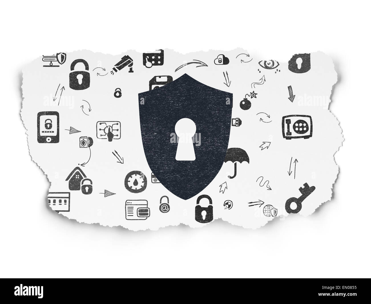 Safety concept: Shield With Keyhole on Torn Paper background Stock ...