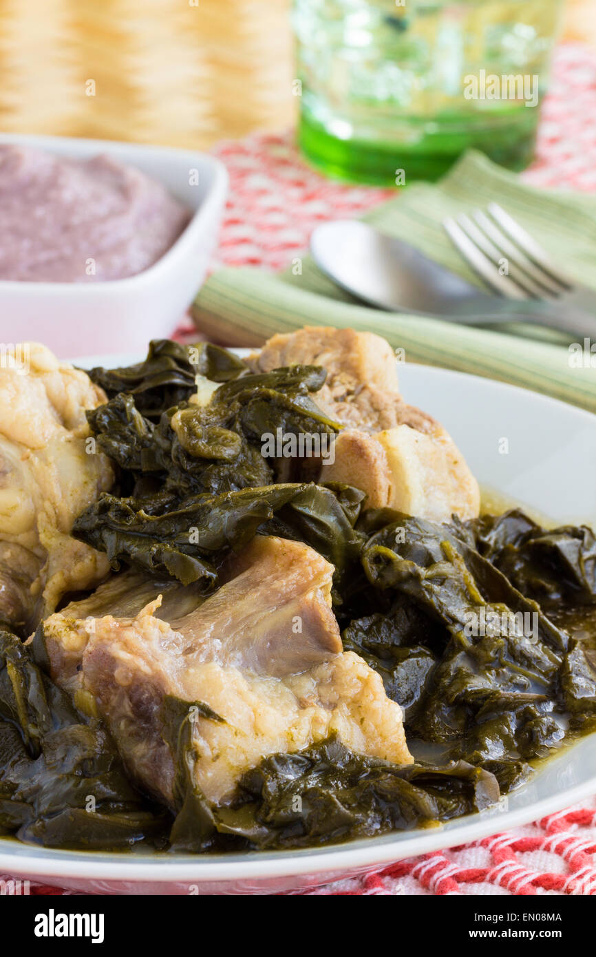 Traditional Hawaiian soup made with beef tail and steamed taro leaves