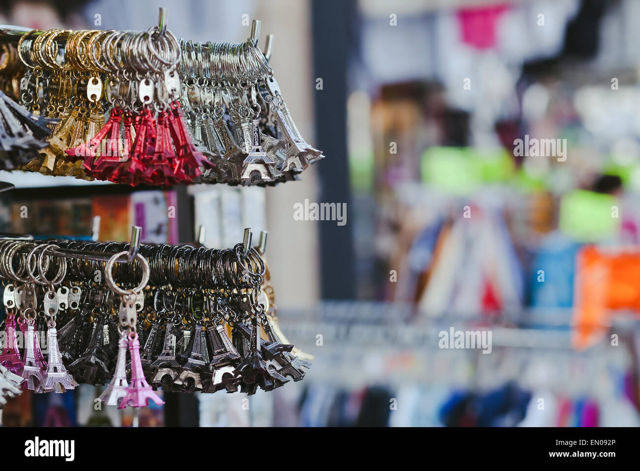 trinkets Eiffel tower in souvenir shop in Paris, France Stock Photo