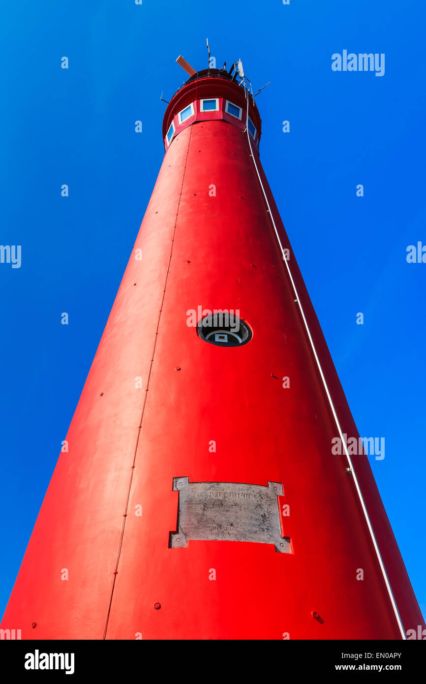 Red lighthouse from bottom. Island Schiermonnikoog, The Netherlands,. Stock Photo