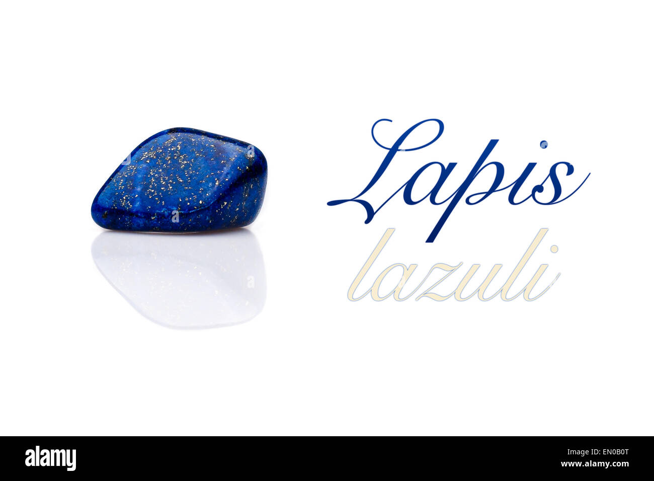 Beautiful blue lapis lazuli gem stone. With text in blue and gold. Isolated on white background. Found in Afghanistan. Stock Photo