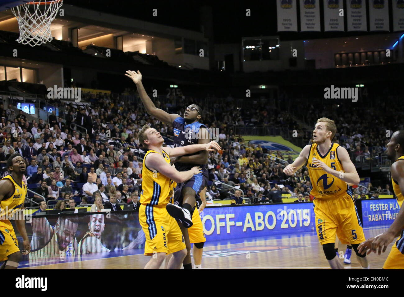 Berlin, Germany. 24th Apr, 2015. Chris Otule (42) and Leon Radosevic (43) in action during BBL game Alba Berlin versus Crailsheim Merlins at O2 World. Credit:  Madeleine Lenz/Pacific Press/Alamy Live News Stock Photo