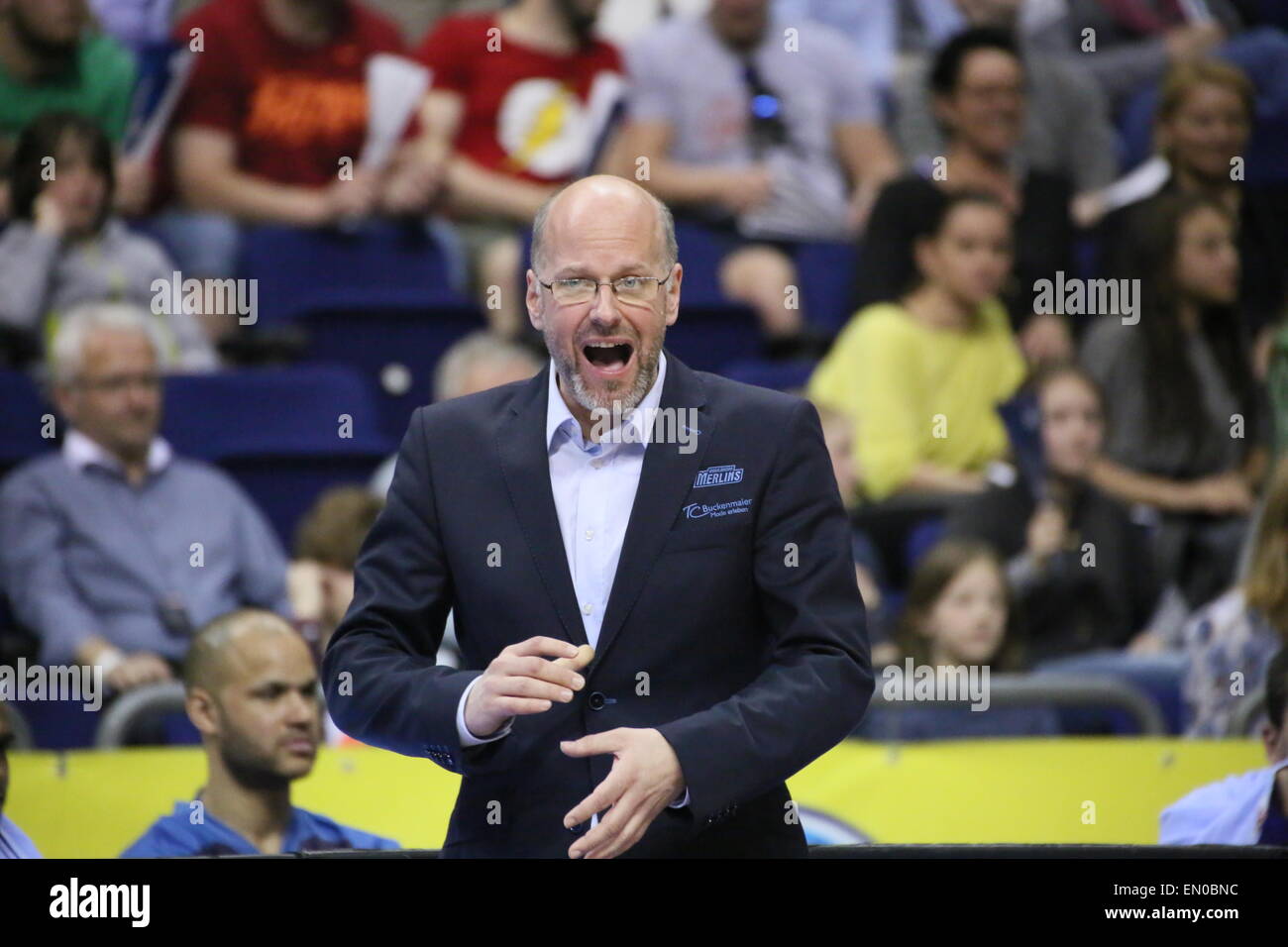 Berlin, Germany. 24th Apr, 2015. Head coach of Crailsheim Merlins Ingo Enskat instructs his players during BBL game Alba Berlin versus Crailsheim Merlins at O2 World. Credit:  Madeleine Lenz/Pacific Press/Alamy Live News Stock Photo