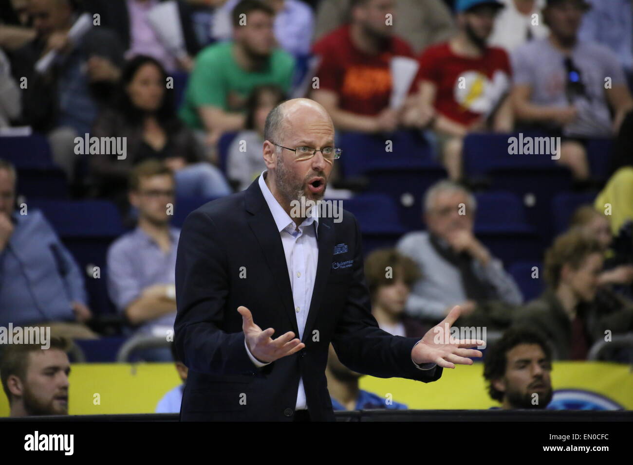 Berlin, Germany. 24th Apr, 2015. Head coach of Crailsheim Merlins Ingo Enskat instructs his players during BBL game Alba Berlin versus Crailsheim Merlins at O2 World. Credit:  Madeleine Lenz/Pacific Press/Alamy Live News Stock Photo