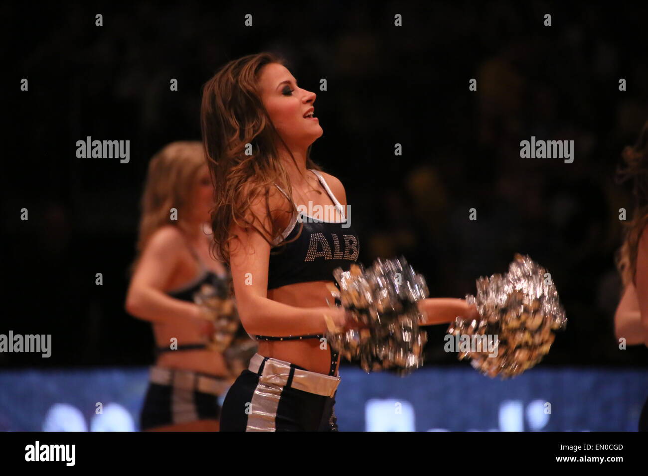 Berlin, Germany. 24th Apr, 2015. Dancer of Alba Berlin team performs during BBL game Alba Berlin versus Crailsheim Merlins at O2 World. Credit:  Madeleine Lenz/Pacific Press/Alamy Live News Stock Photo