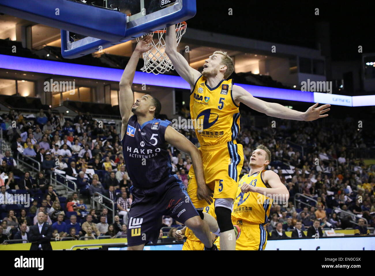 Berlin, Germany. 24th Apr, 2015. Niels Giffey (5) and Chad Timberlake (5) in action during BBL game Alba Berlin versus Crailsheim Merlins at O2 World. Credit:  Madeleine Lenz/Pacific Press/Alamy Live News Stock Photo