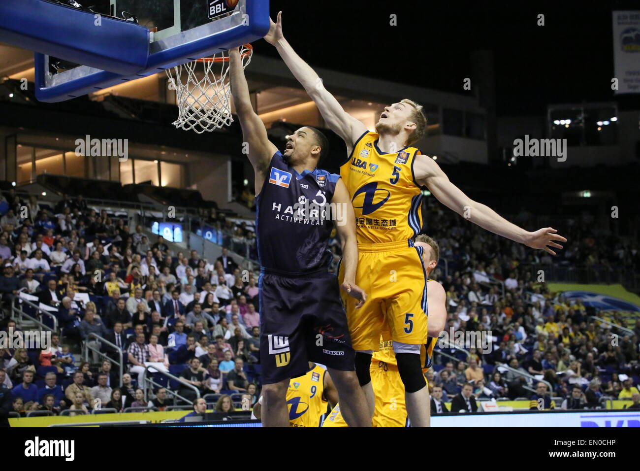 Berlin, Germany. 24th Apr, 2015. Niels Giffey (5) and Chad Timberlake (5) in action during BBL game Alba Berlin versus Crailsheim Merlins at O2 World. Credit:  Madeleine Lenz/Pacific Press/Alamy Live News Stock Photo