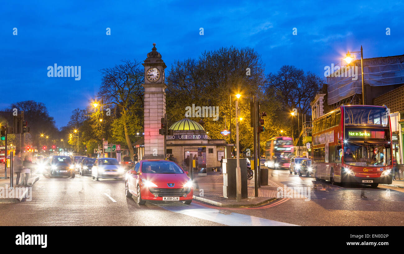 Clocktower and Tube at Night Clapham Old Town London UK Stock Photo