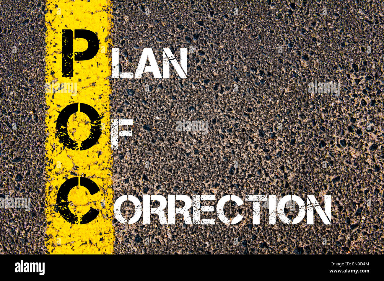 Business Acronym POC as PLAN OF CORRECTION. Yellow paint line on the ...