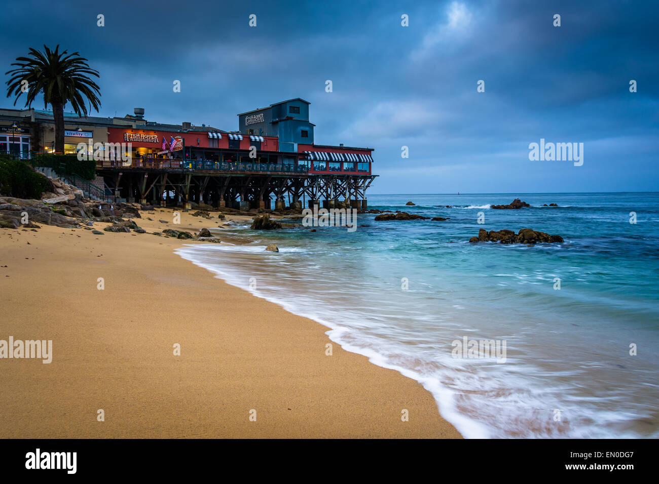 Restaurants and a beach at Cannery Row, in Monterey, California Stock