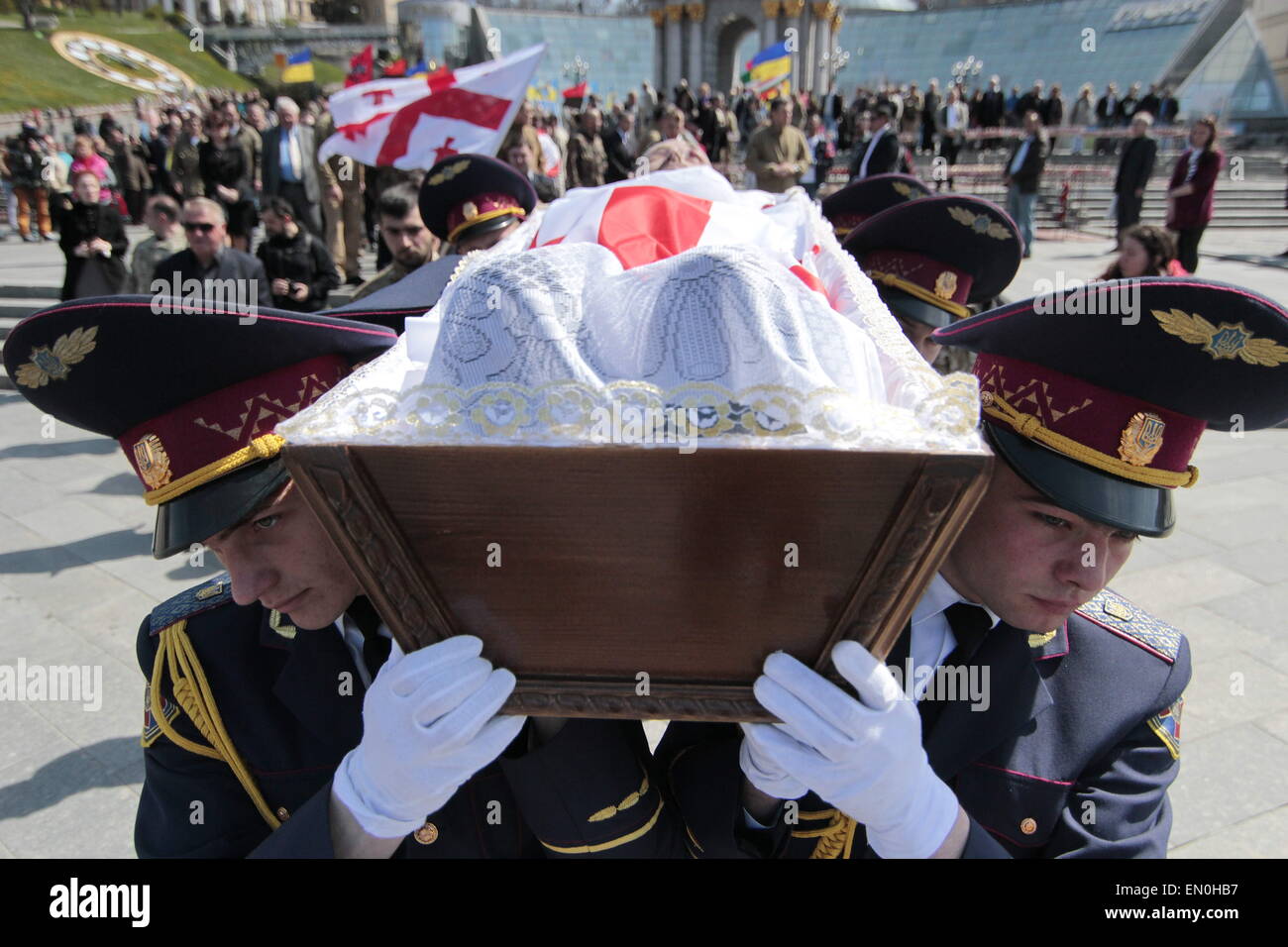 Kiev. 24th Apr, 2015. Georgian fighter of Ukrainian in ''AZOV'' battalion who was killed in the eastern Ukraine conflict, during the funeral ceremony on the Independence Square in Kiev, Ukraine, 24 April 2015. Russia on 23 April rejected US accusations that it has deployed more air defence systems in Ukraine and accused Washington of sending military instructors to the country's conflict-torn east. The US State Department's spokeswoman Marie Harf also accused Moscow of continuing to ship heavy weapons into eastern Ukraine, in violation of the latest ceasefire agreement, and of boosting its m Stock Photo