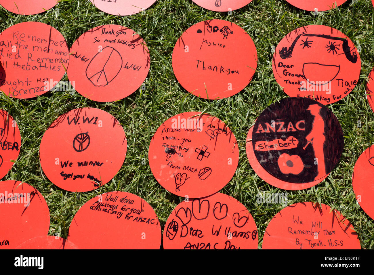 Auckland, New Zealand. 25th Apr, 2015. Giant Poppy Project, Auckland Domain, New Zealand. 100 years since the Gallipoli invasion. ANZAC Day Stock Photo