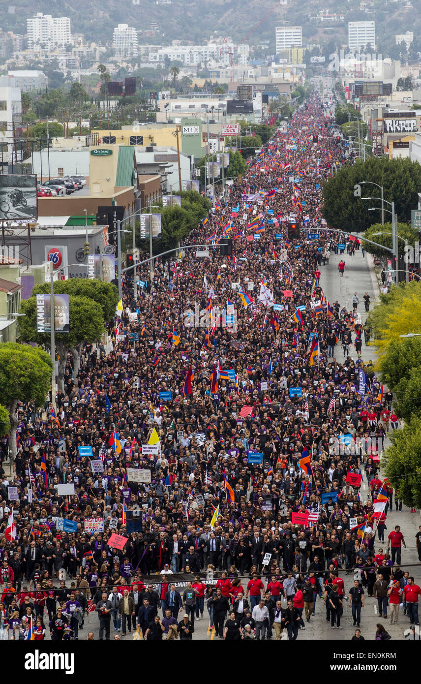 Los Angeles, USA. 24th Apr, 2015. People participate in the rally marking the 100th anniversary of a genocide against the Armenians, in Los Angeles, the United States, on April 24, 2015. Demonstrators holding placards and national flags of Armenia marched to the consulate of Turkey in Los Angeles to mark the 100th anniversary of a genocide against the Armenians. Credit:  Zhao Hanrong/Xinhua/Alamy Live News Stock Photo