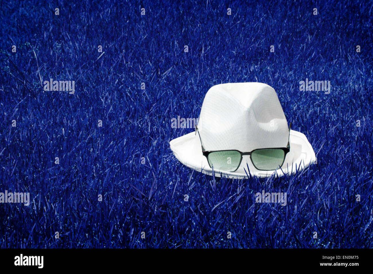 white hat and sunglasses dry grass blue grass fantasy Stock Photo