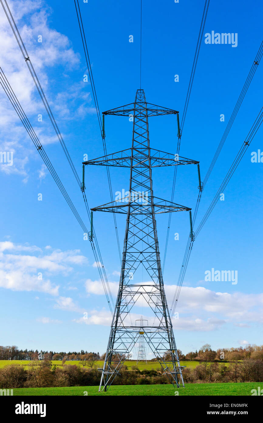 High voltage overhead power lines crossing the open countryside
